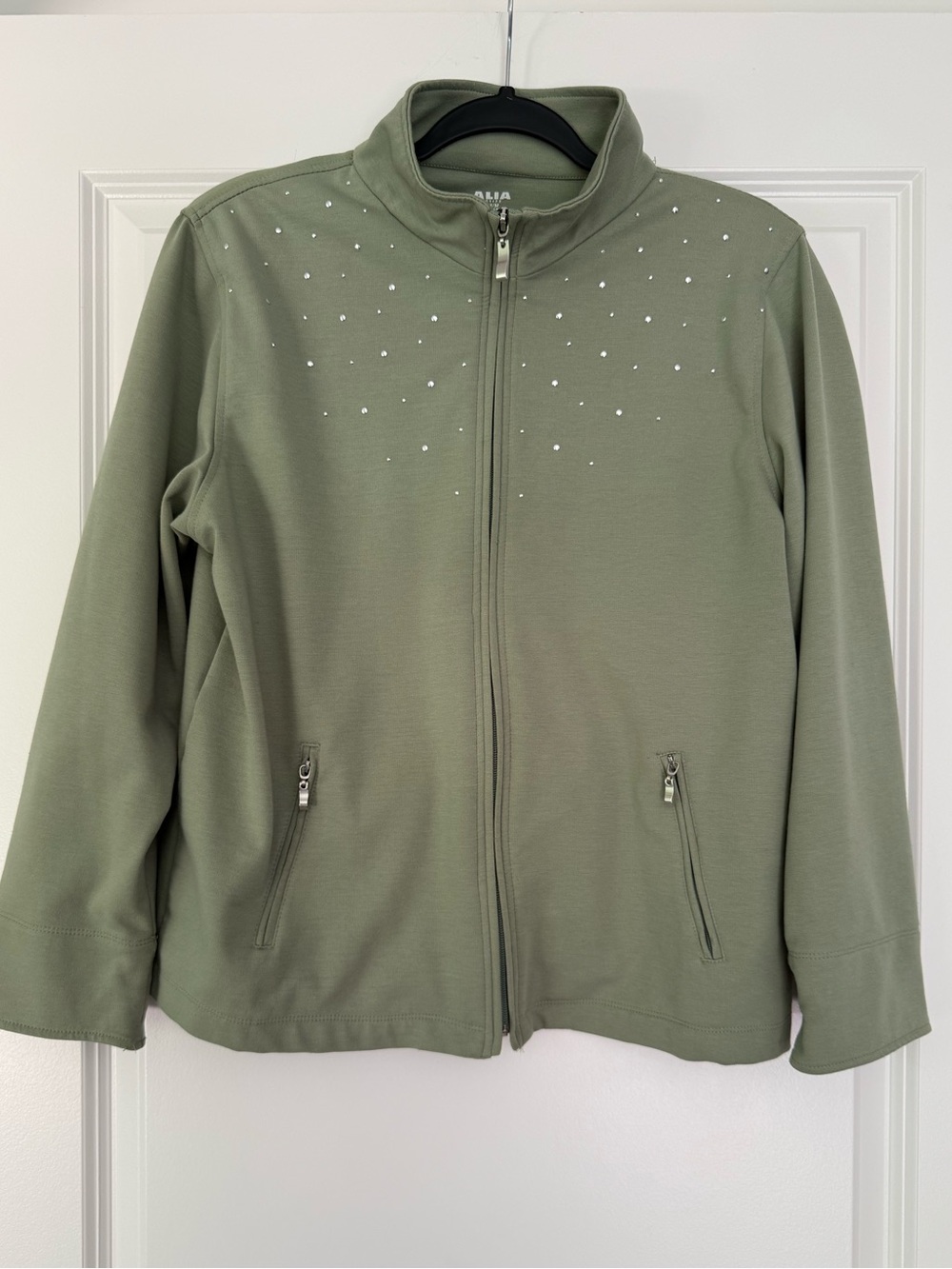 Alia Olive Green Zip-Up Jacket with Rhinestone Accents